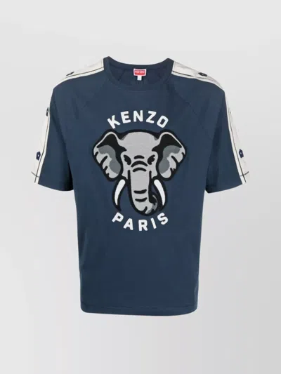 KENZO CREW NECK EMBROIDERED ELEPHANT MOTIF PANELLED T-SHIRT