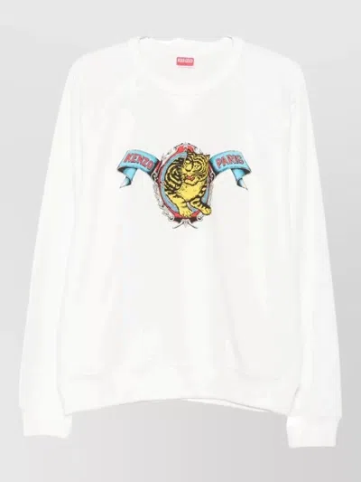 Kenzo Crew Neck Graphic Long Sleeve Silk Top In White