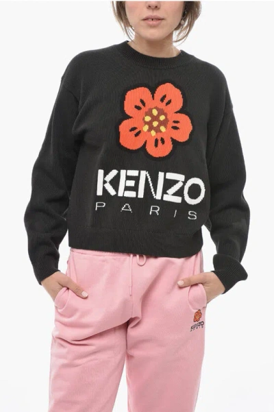 Kenzo Crew Neck Poppy Cotton Sweater In Black