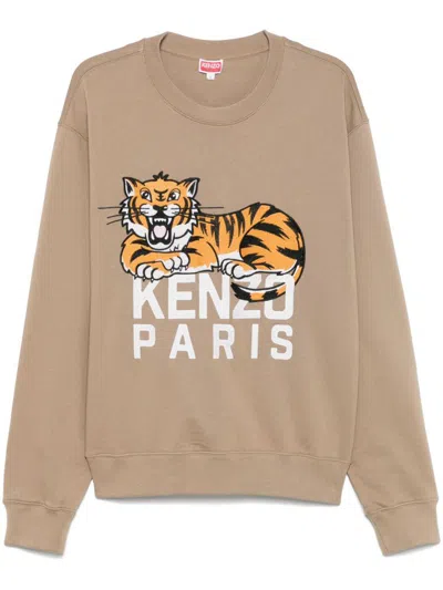 Kenzo Crew Neck Swatshirt In Beige Cotton With Logo And Tiger In Neutral