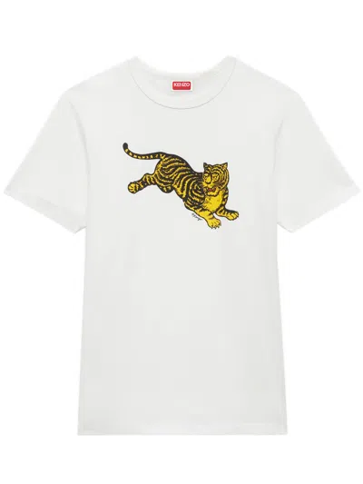 Kenzo Tiger Graphic Unisex Crew Neck T Shirt In White