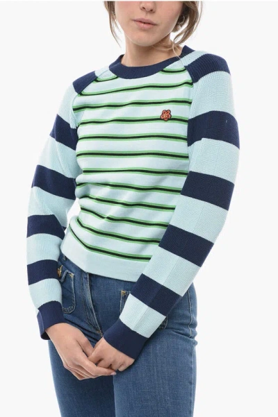 Kenzo Crew Neck Wool Blend Sweater With Balanced Stripe Motif In Blue