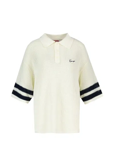 Kenzo Crochet-knit Striped Polo Shirt In Neutral