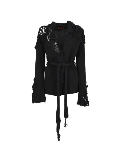 Pre-owned Kenzo Crochet-trim Belted Cardigan In Black