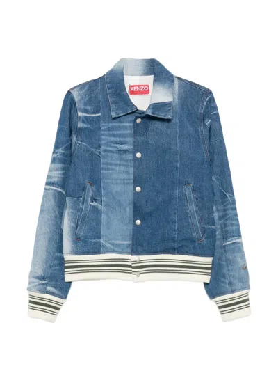 Kenzo Patchwork Denim Jacket Regular Fit Ribbed Trims In Blue