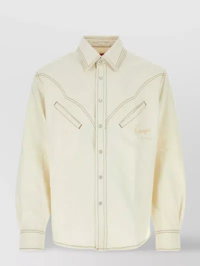 Kenzo Denim Shirt With Button-down Collar And Contrast Stitching In Neutral