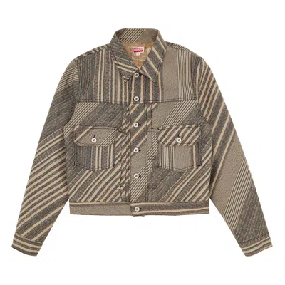 Pre-owned Kenzo Diagonal Stripe Slim Pleated Trucker Jacket 'beige' | Tan | Men's Size Xl In Brown