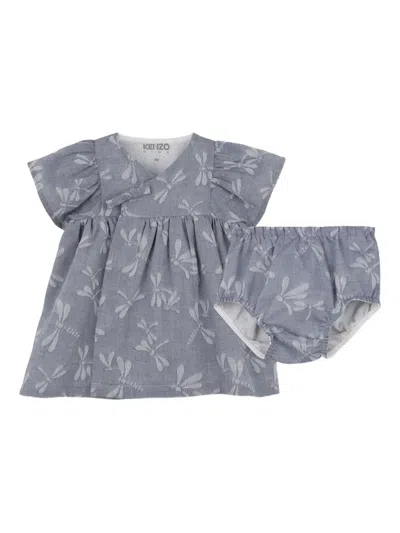 Kenzo Babies' Dragonfly-print Dress Set In Gray