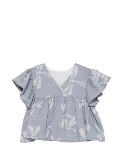 Kenzo Kids' Dragonfly-print Ruffled Blouse In Gray