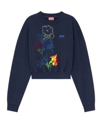 Kenzo Drawn Flowers Cropped Sweatshirt In Blue