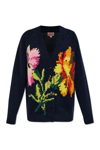 Kenzo Drawn Flowers Embroidered Cardigan In Multi