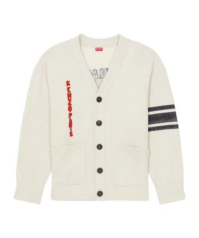 Kenzo Drawn Varsity Cotton Cardigan In Pale Gray
