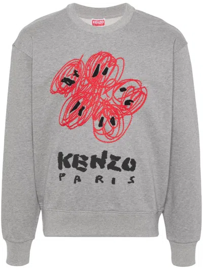 Kenzo Drawn Varsity Cotton Sweatshirt In Gray