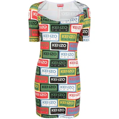 Kenzo Label Bodycon Midi Dress In Multicolor