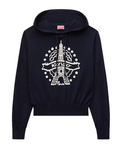 Kenzo Eiffel Tower Embroidered Hoodie In Blue