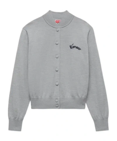 Kenzo ' Eiffel Tower Design' Varsity Cardigan In Wool In Pearl Grey