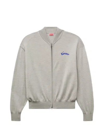 Kenzo Eiffel Tower Embroidered Zip-up Cardigan In Gray