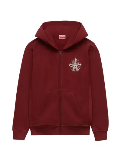 Kenzo Eiffel Tower Embroidered Zip-up Hoodie In Red