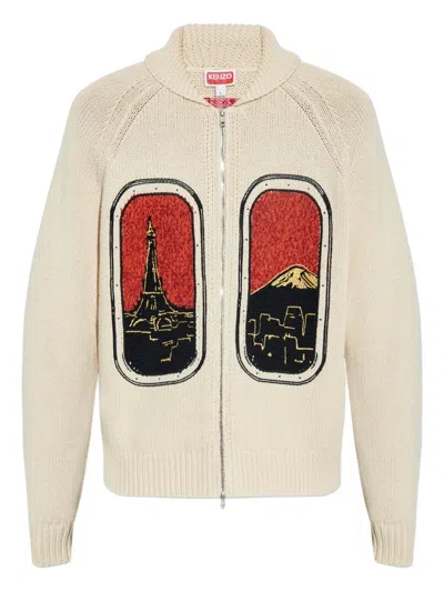 Kenzo Eiffel Tower Mount Fuji Wool Cardigan In Neutral