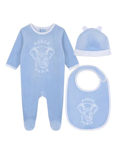 Kenzo Elephant Embroidered Babygrow Set In Blue