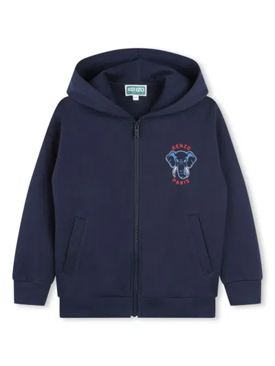 Kenzo Kids' Elephant-print Zip-up Hoodie In Blue