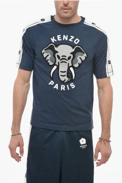 Kenzo Elephant Slim T-shirt With Embroidery In Blue