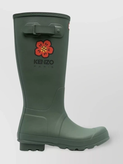 Kenzo Embossed Flower-printed Calf-length Boots With Round Toe In Green
