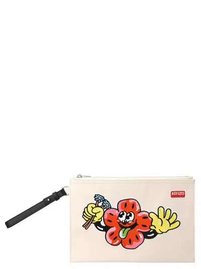 Kenzo Embroidered Clutch In Ecru