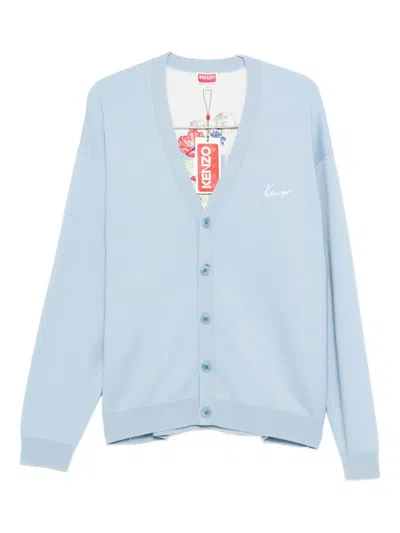 Kenzo Embroidered Cotton-blend Cardigan In Blue