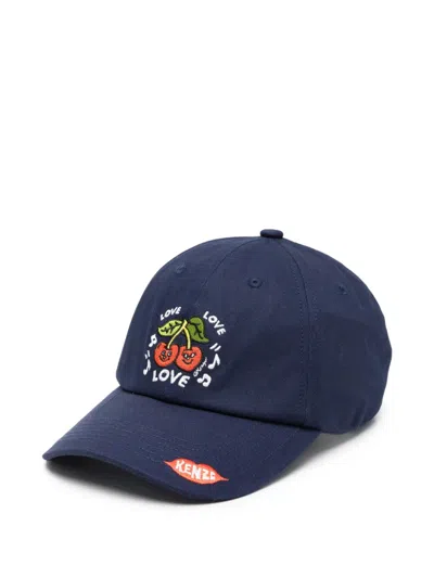 Kenzo Embroidered Cotton Hat With Adjustable Back Closure In Blu