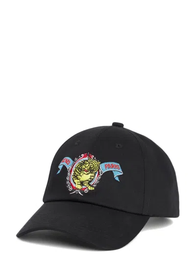 Kenzo Embroidered Cotton Hat With Adjustable Back Closure In Black