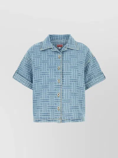 Kenzo Embroidered Denim Shirt With Foldable Cuffs In Blue