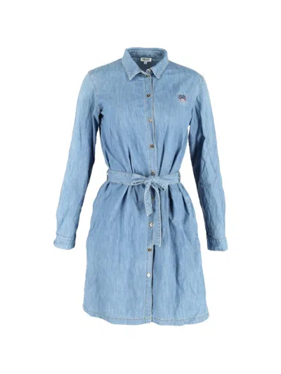Pre-owned Kenzo Embroidered-logo Belted Dress In Blue