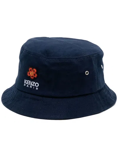 Kenzo Boke Embroidery Cotton Canvas Bucket Hat In Blue
