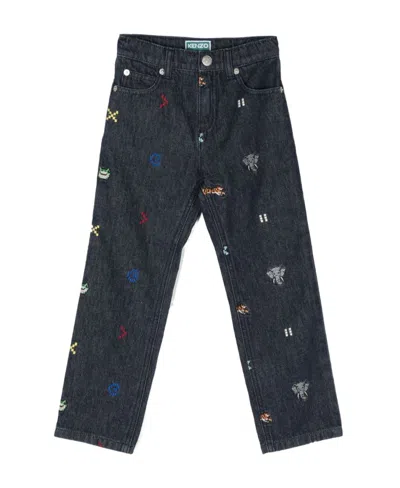 Kenzo Embroidered-motif Denim Trousers In Black