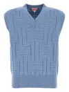 Kenzo Cotton Vest With Ribbed Hem And Textured Pattern In Blue