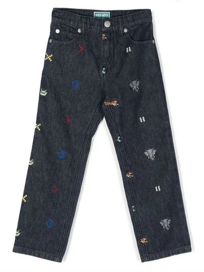 Kenzo Kids' Embroidered Straight-leg Jeans In Blue