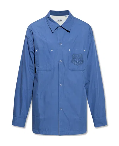 Kenzo Embroidered Tiger Head Cotton Shirt In Blue