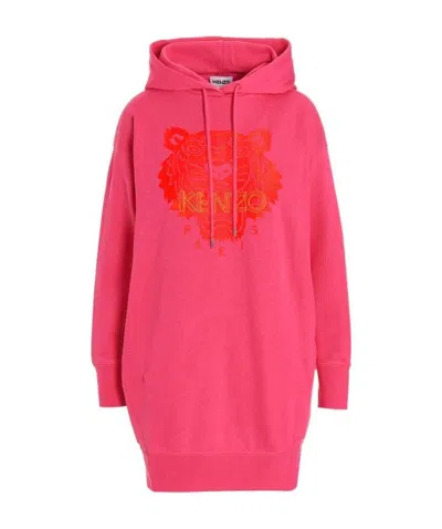 Kenzo Embroidered-tiger Hooded Dress In Pink
