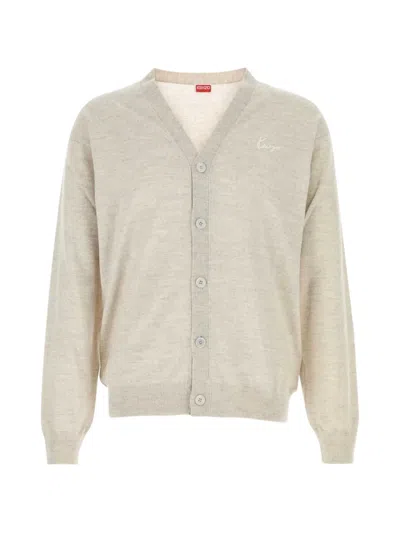 Kenzo Embroidered-logo Wool Cardigan In Gray
