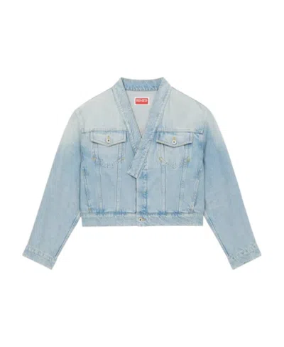Kenzo Faded-effect Cropped Denim Jacket In Blue