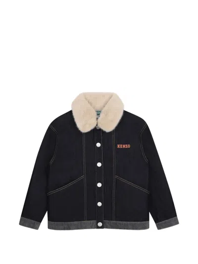 Kenzo Kids' Faux-fur Collar Denim Jacket In Black