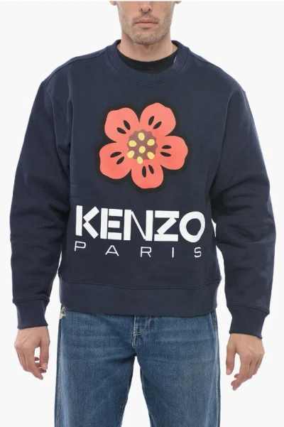 Kenzo Fleece Cotton Poppy Crew Neck Sweatshirt In Blue