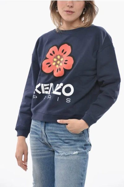 Kenzo Fleece Cotton Poppy Crew Neck Sweatshirt In Blue