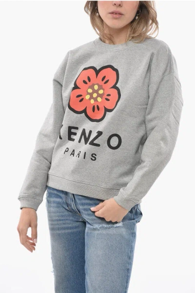 Kenzo Fleece Cotton Poppy Crew Neck Sweatshirt In Grey