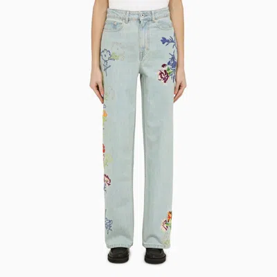 KENZO FLORAL EMBROIDERED LIGHT BLUE DENIM JEANS FOR WOMEN