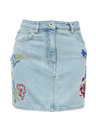 Pre-owned Kenzo Floral-embroidered Mini Denim Skirt In Blue