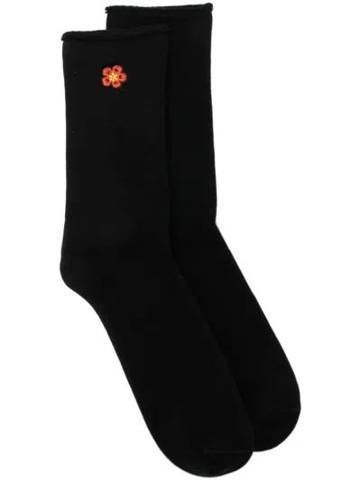 Kenzo Floral-embroidered Stretch-design Socks In Black