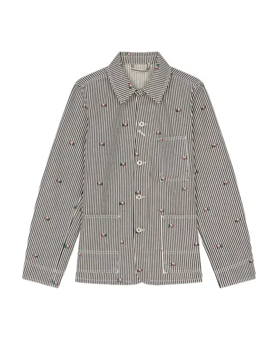Kenzo Floral-embroidered Striped Shirt Jacket In Gray