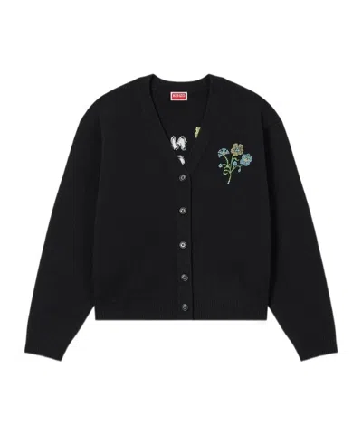 Kenzo Floral Embroidery Wool Cardigan In Black